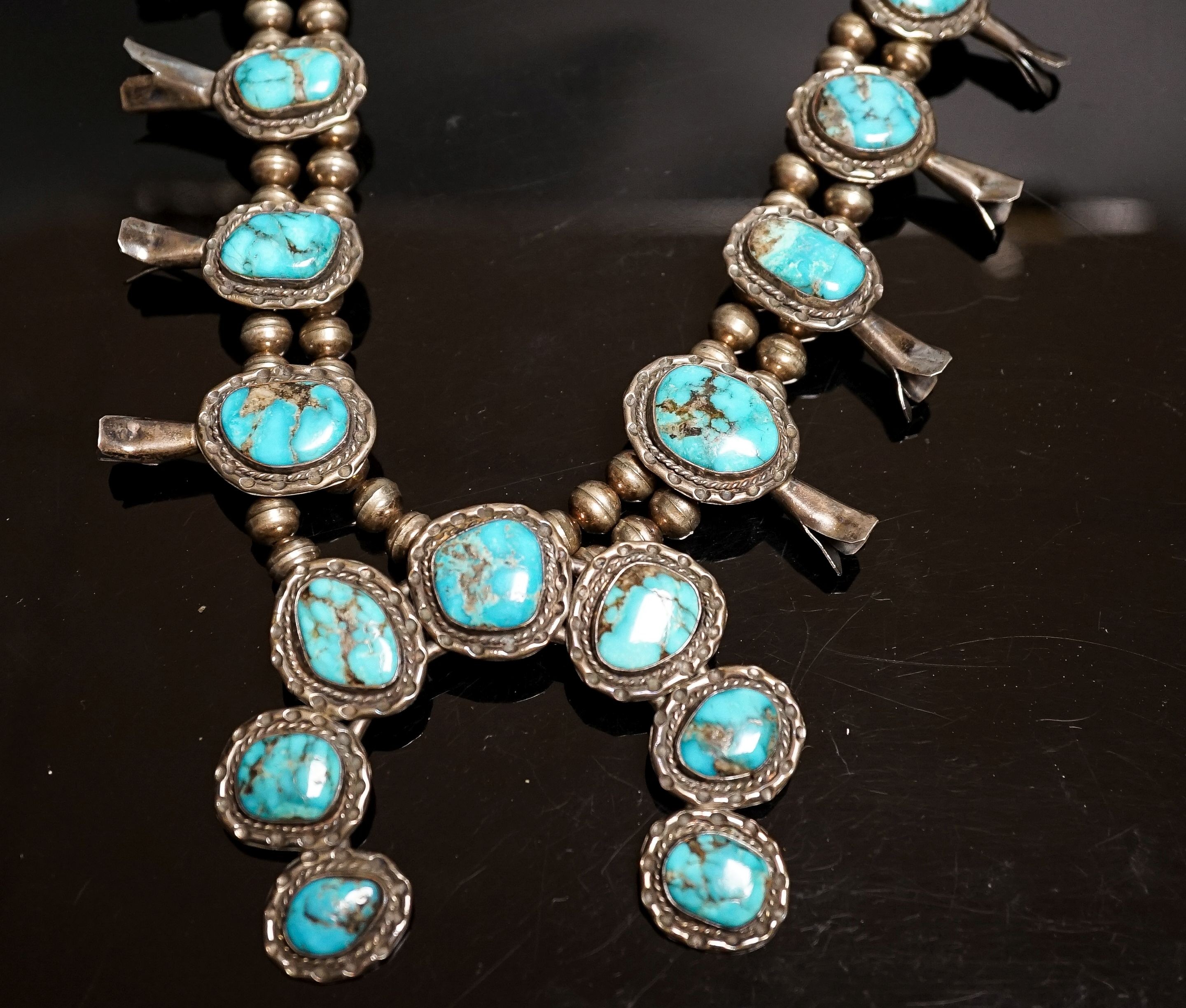 A South American? white metal and turquoise set necklace, 72cm.